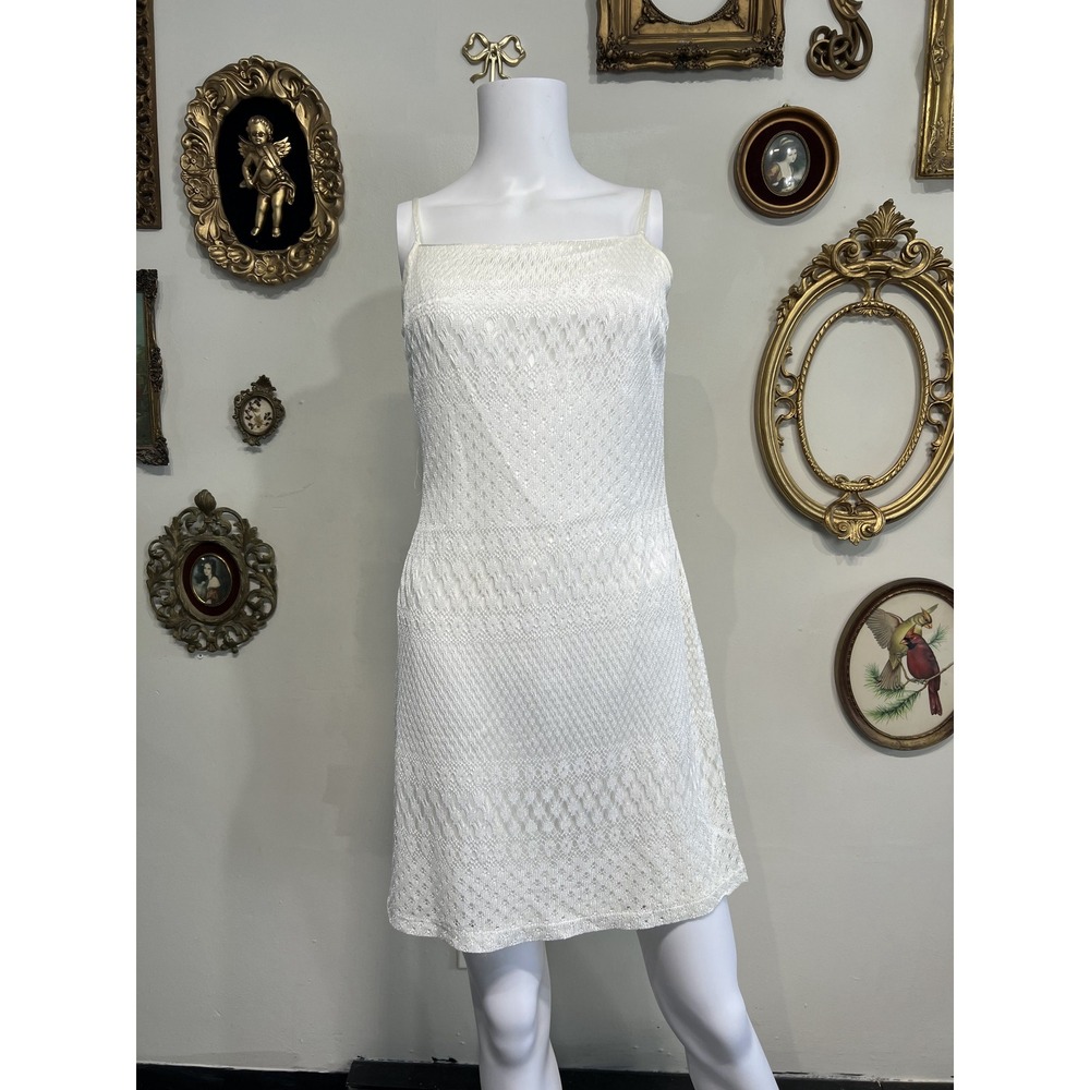 Vintage Jessica McClintock Sax White Lace Spaghetti Strap Mini Slip Dress SZ 7/8